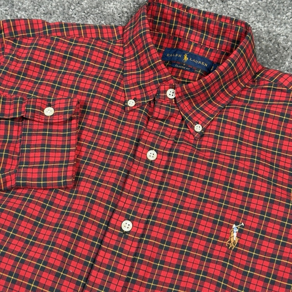 Ralph Lauren Shirt Men Small Red Multi Color L/S Button Down Up Plaid Flesh Pony